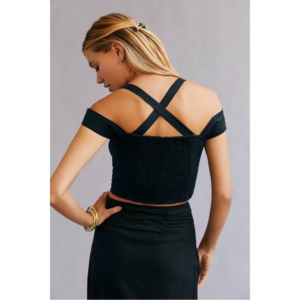 Anthropologie Maeve Black Off Shoulder Twist Crop Top Smocked Small NWT - Picture 2 of 7